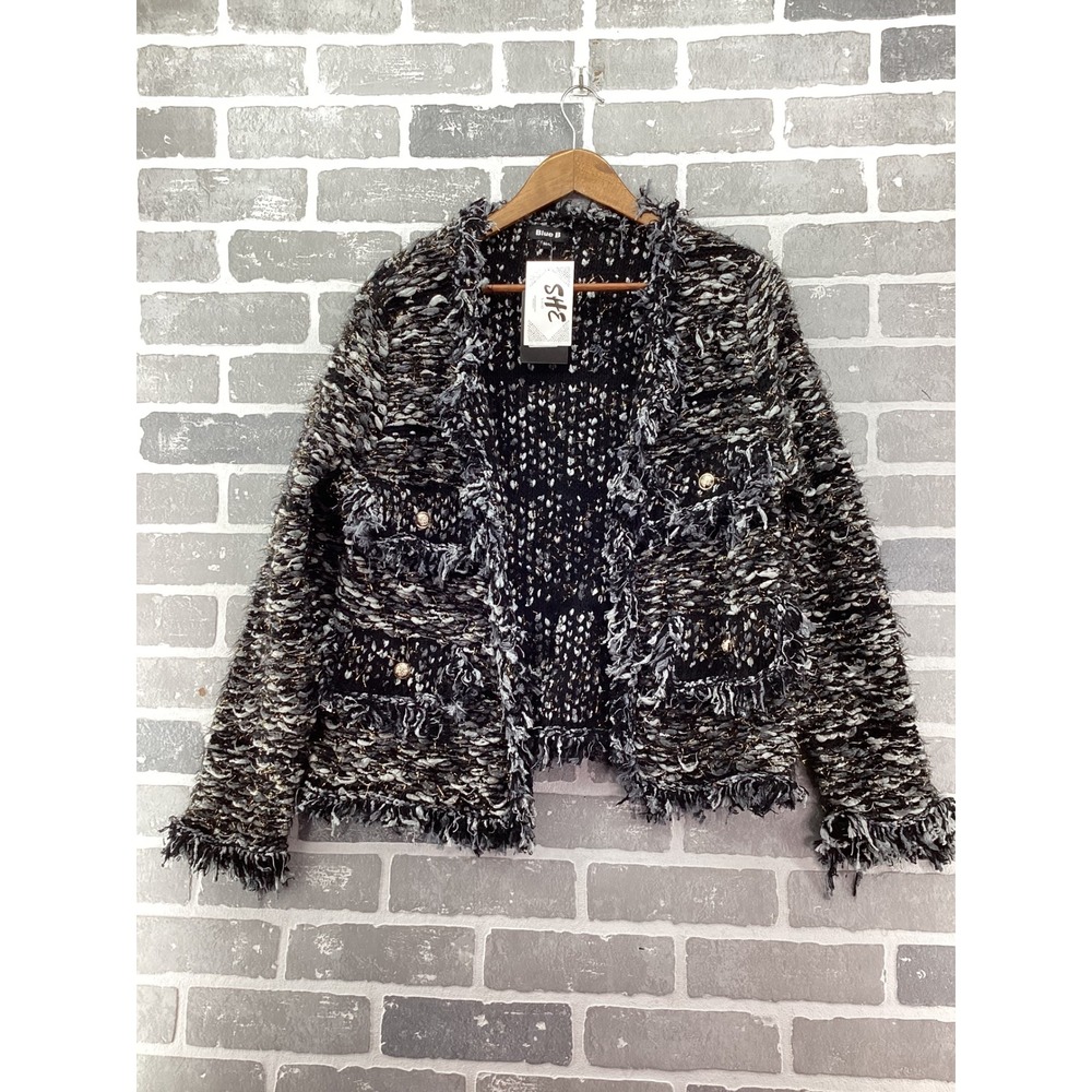 Blue B Women Black Tweed Fringe Cardigan Sweater Metallic Gold Accent M/L J12144